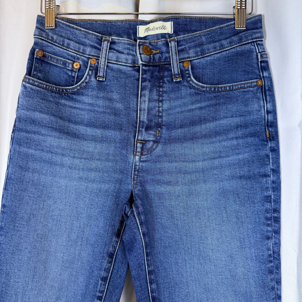 Madewell Mid-Rise Kick Out Jeans Blue Raw Hem Flare Stretch Denim 26 (28)